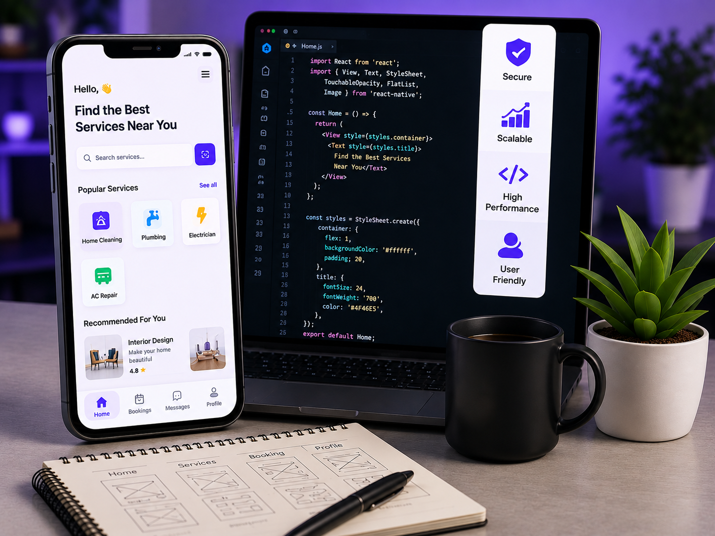 Custom mobile app development workspace featuring a smartphone app interface, coding screen, and modern development tools.