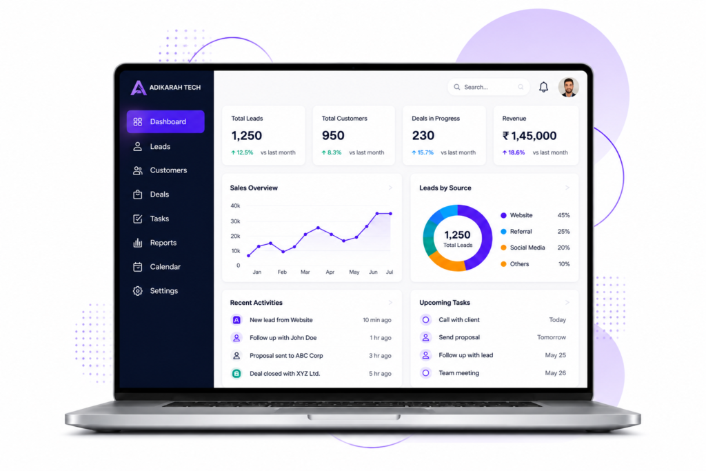 Business Management CRM dashboard displayed on a modern laptop with cloud-based access, secure architecture, and ongoing support highlights on a clean white and purple background.