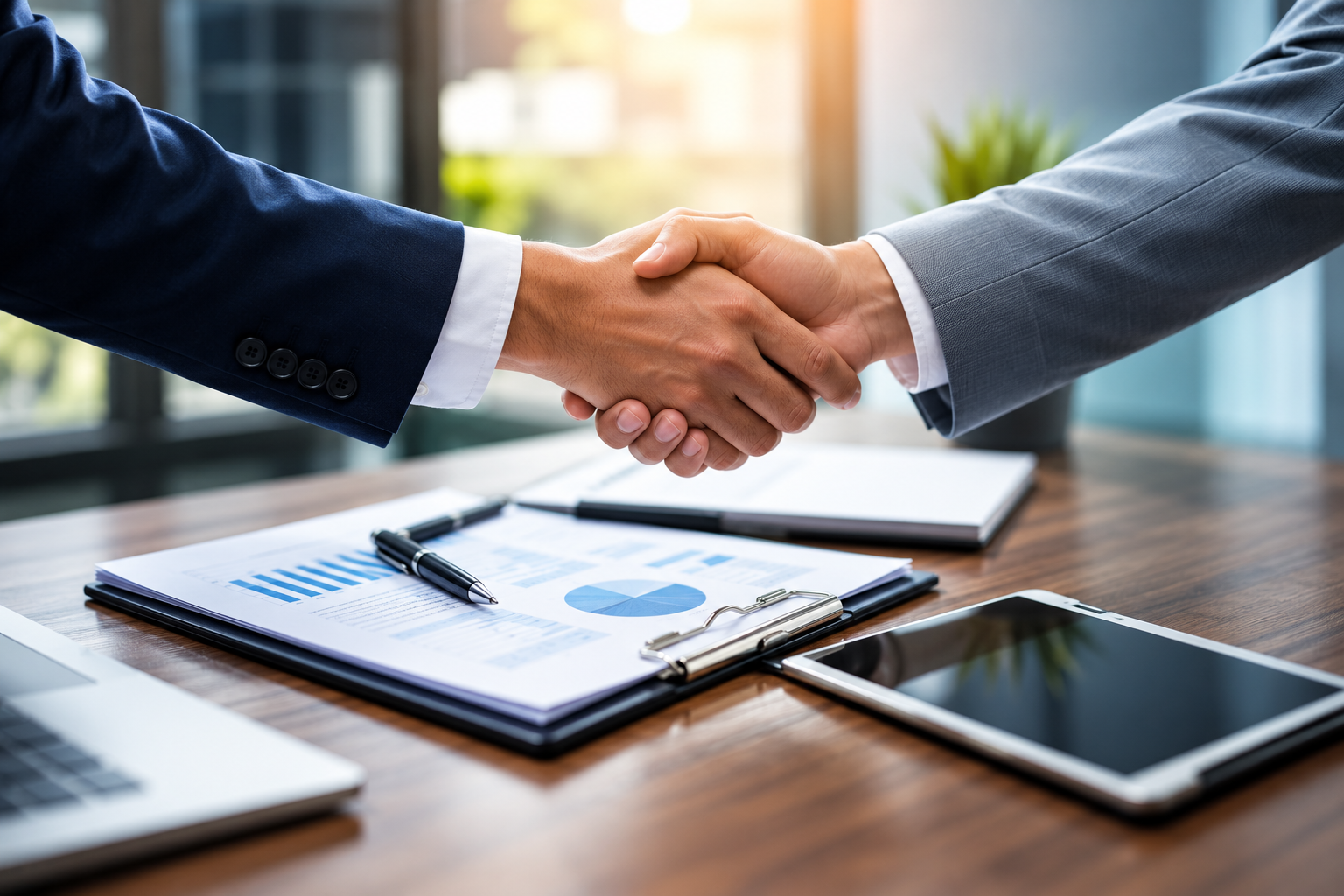 Business professionals shaking hands to represent successful CRM implementation and business partnership