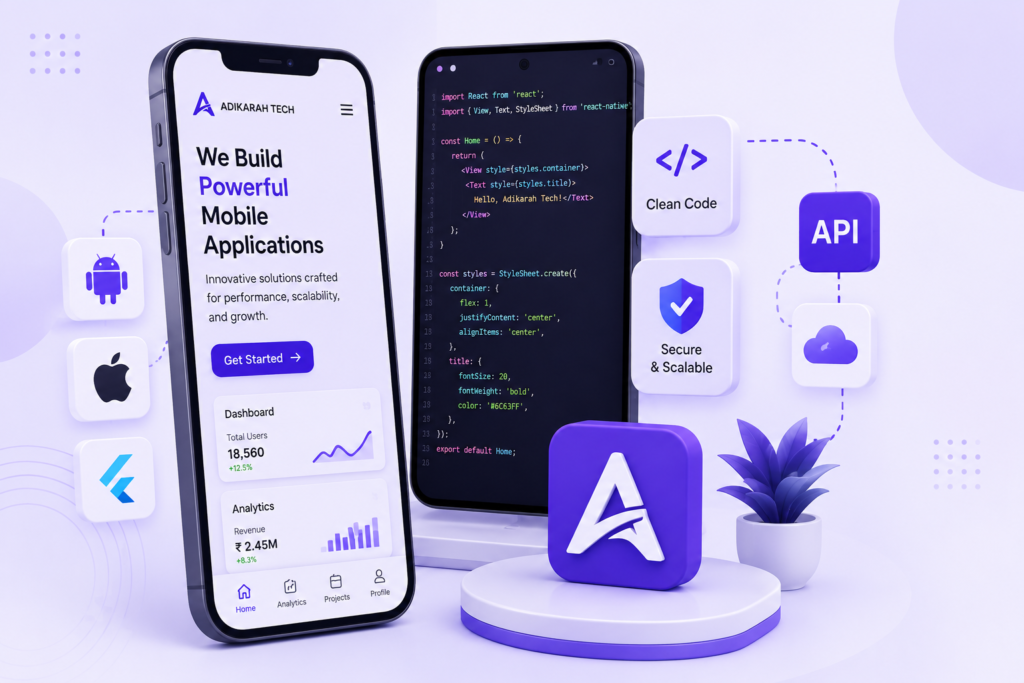 3D illustration of custom mobile app development with Android, iOS, Flutter, API integration, secure coding, and Adikarah Tech branding.