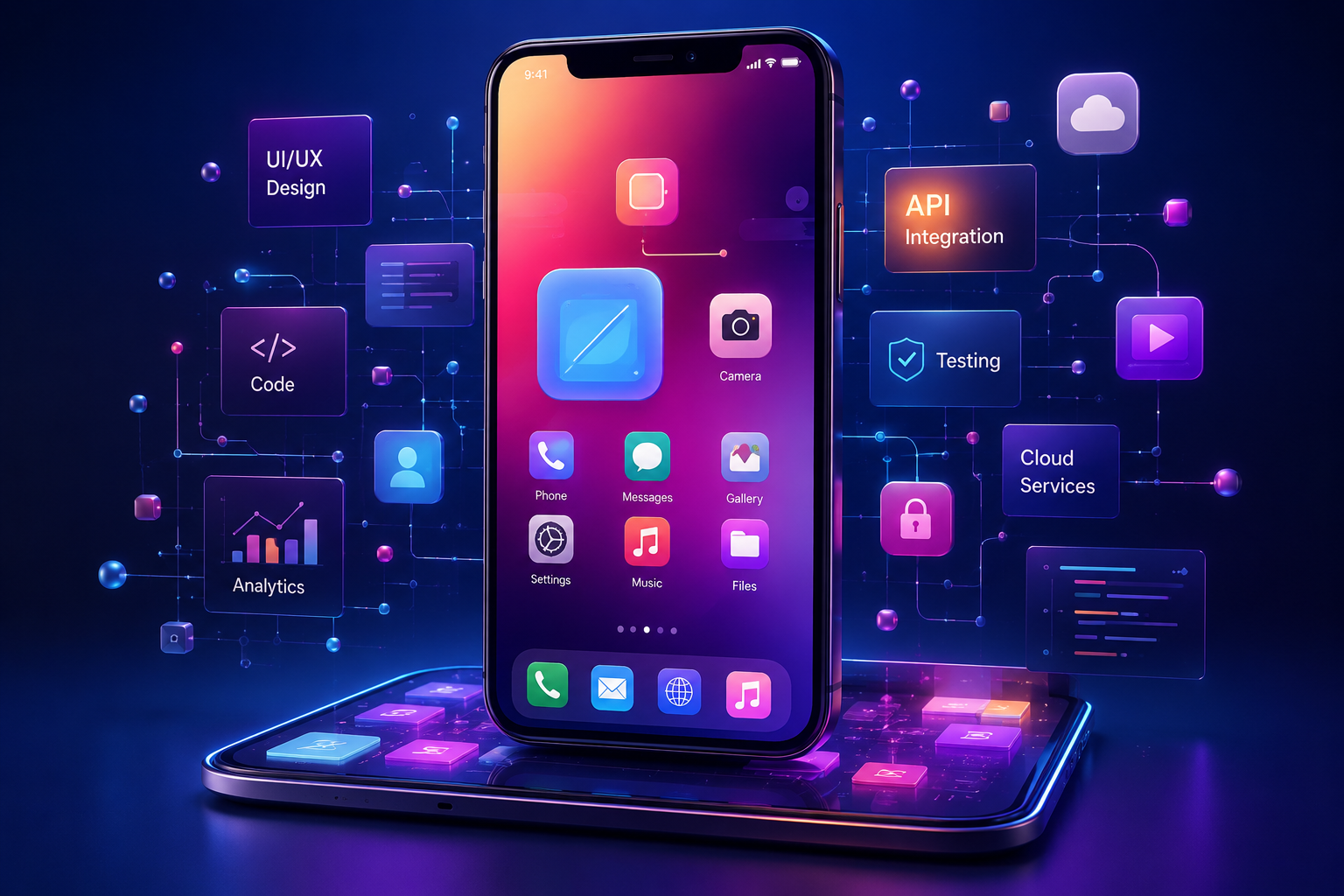 Modern web application development workspace featuring a dashboard interface, coding screen, wireframe design, and cloud-based development technologies.