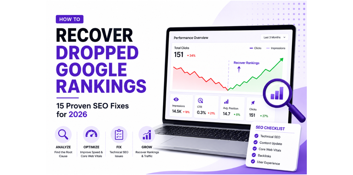 SEO dashboard showing Google ranking recovery with analytics and optimization checklist.