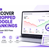 SEO dashboard showing Google ranking recovery with analytics and optimization checklist.