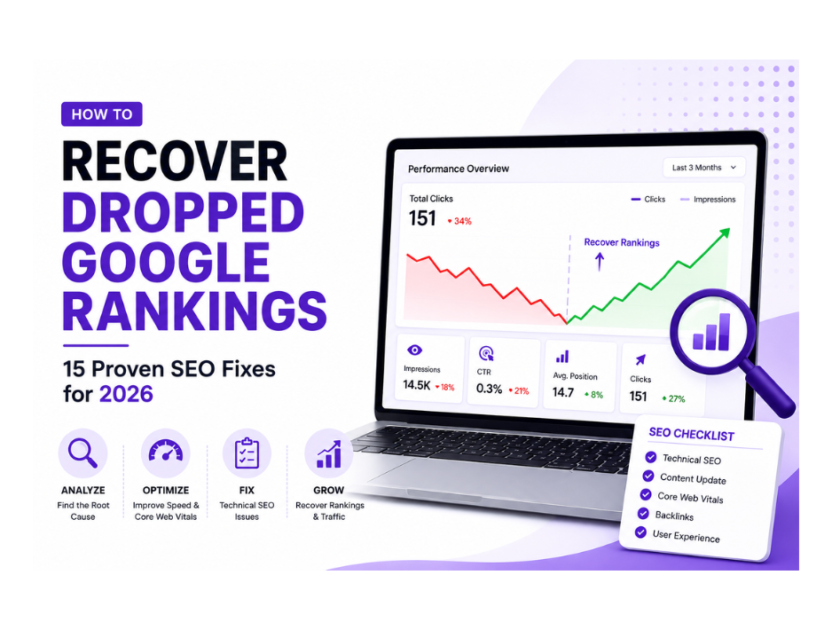 SEO dashboard showing Google ranking recovery with analytics and optimization checklist.