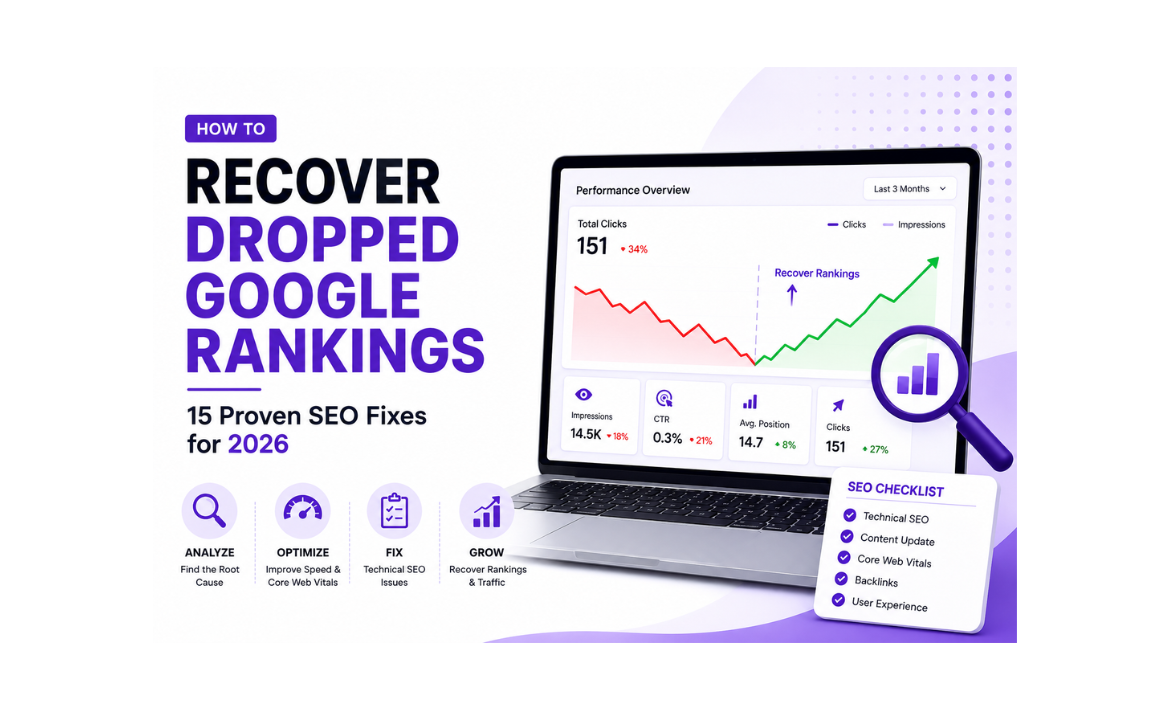 SEO dashboard showing Google ranking recovery with analytics and optimization checklist.