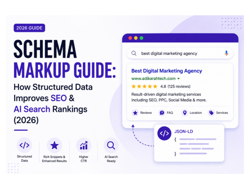 Schema Markup Guide showing how structured data improves SEO, rich snippets, and AI search rankings in 2026